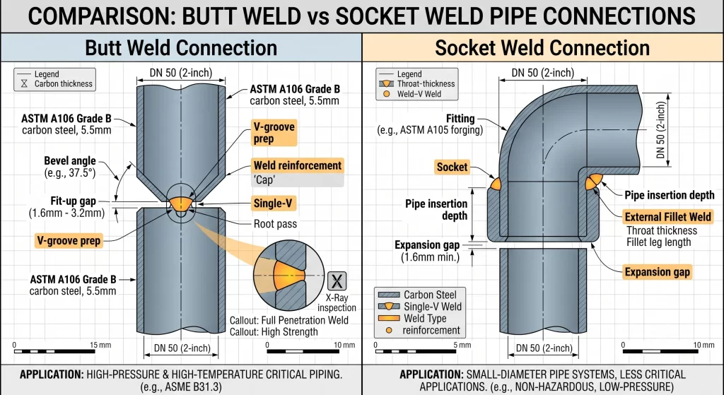 butt weld and socket weld fitting connection comparison diagram