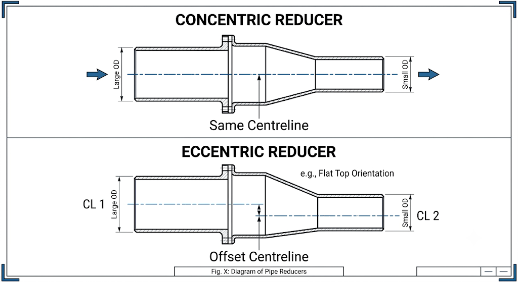 Concentric and eccentric pipe reducer comparison diagram