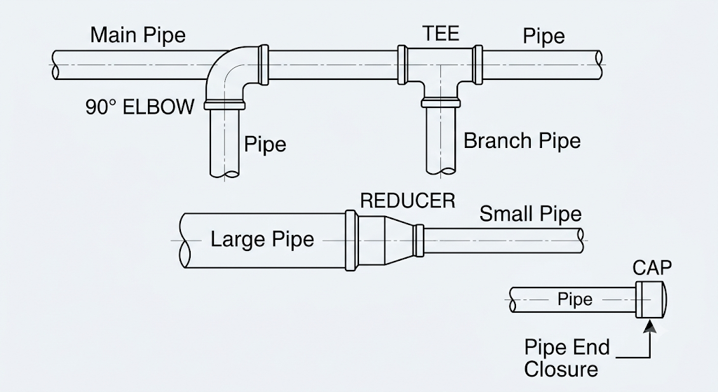Pipe fittings diagram showing elbow tee reducer and cap