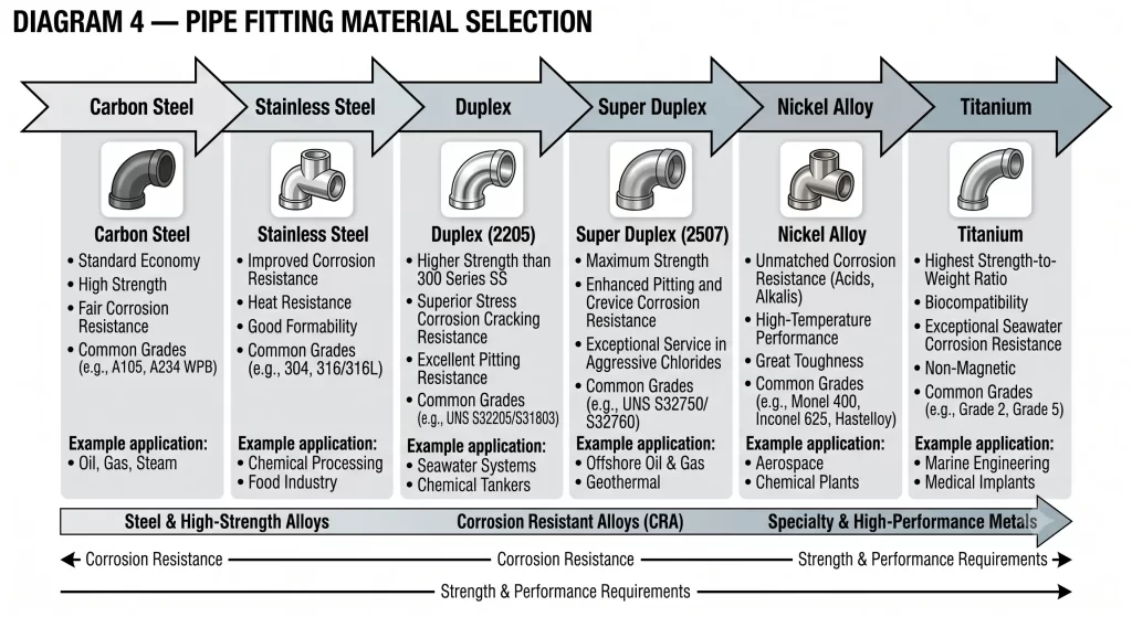 pipe fitting materials carbon steel stainless steel duplex and nickel alloys