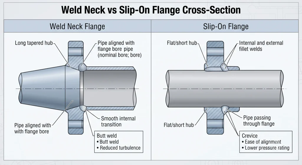 weld neck flange vs slip-on flange cross section comparison