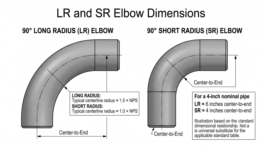 LR vs SR elbow dimensions center to end