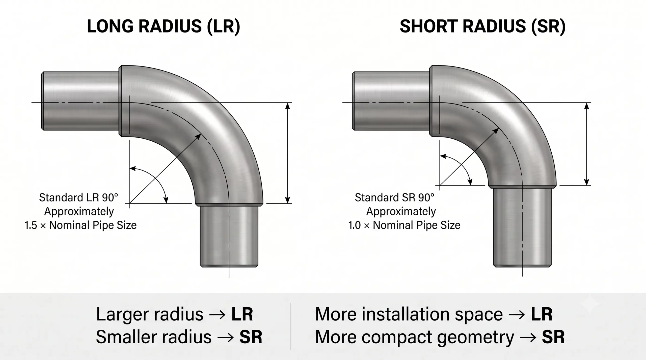 LR vs SR elbows long radius vs short radius pipe elbow