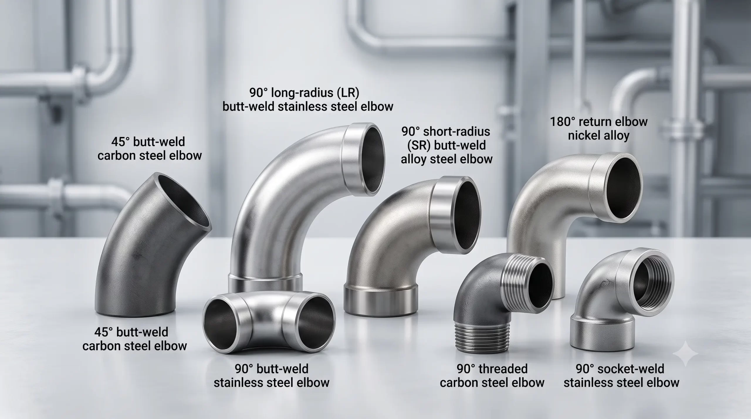 Pipe elbow types including 45 degree, 90 degree and 180 degree industrial elbows